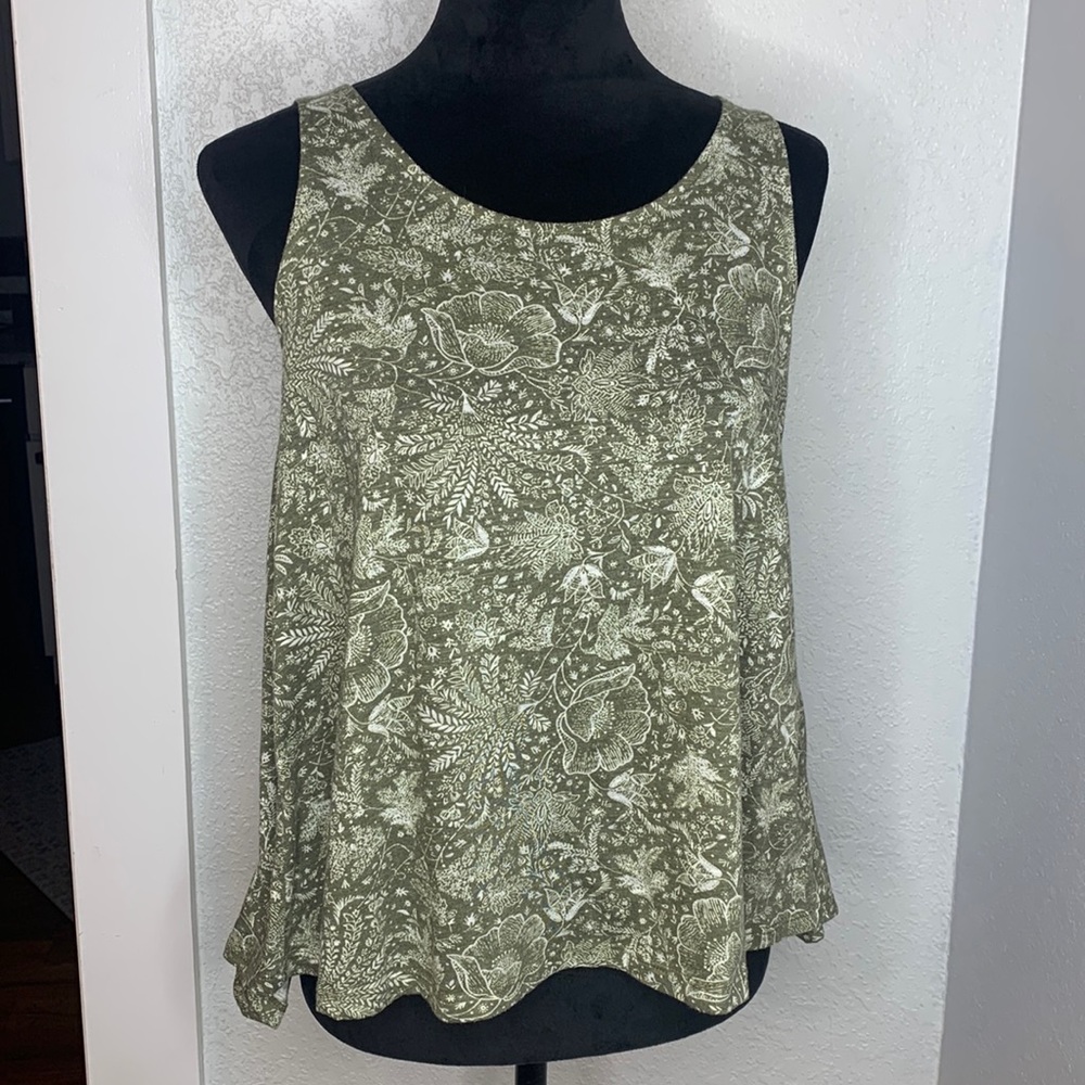 Peace & Pearls Olive Botanical Open Back Tank Top Size Small Boho Cottagecore